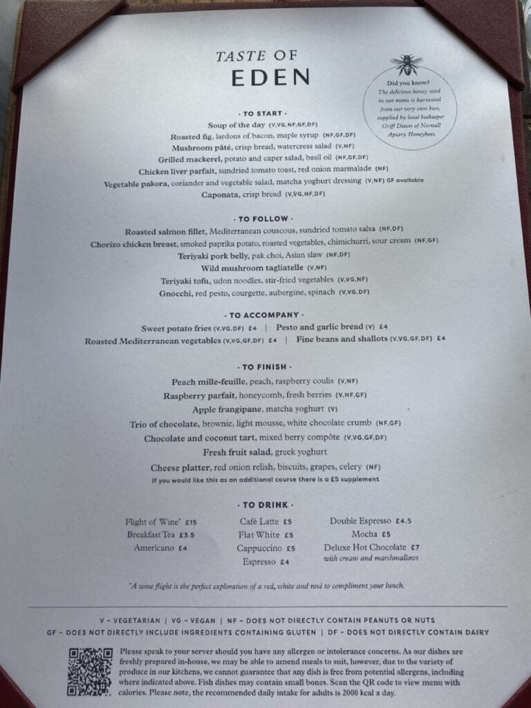 An example of a typical three course Eden Hall lunch menu, included in the day rate of £120.