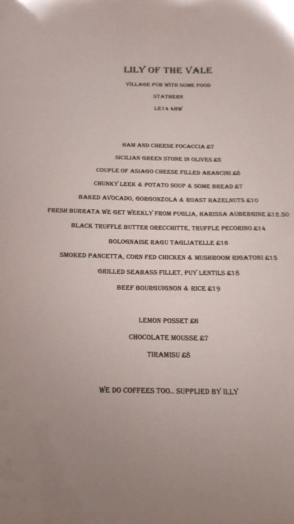 The Lily of the Vale menu, November 2025